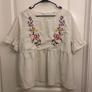 Embroidered White Ruffle Sleeve Top